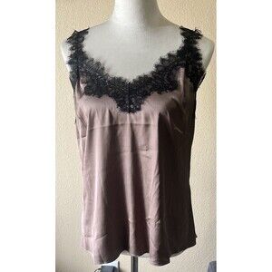 White House Black Market Camisole Silky Brown Cami w Black Lace Trim Sz M